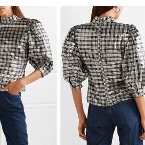 Ganni Laguard checked silk-blend lame blouse